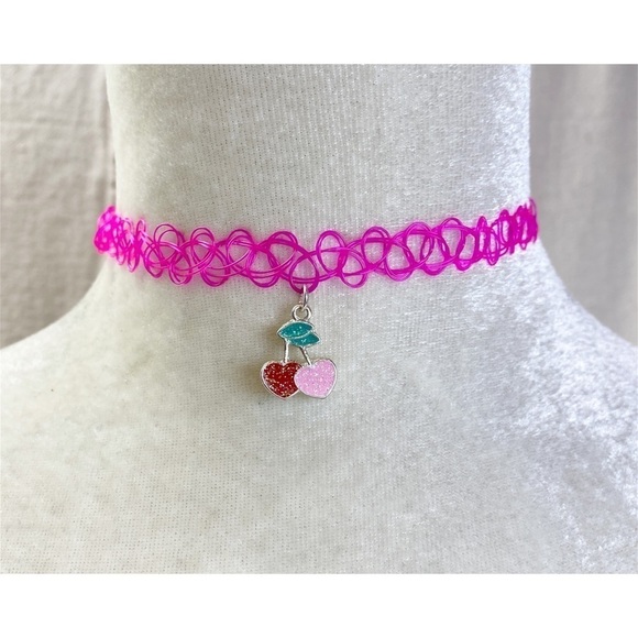 Pink stretch tattoo choker with cherry charm - Picture 1 of 3